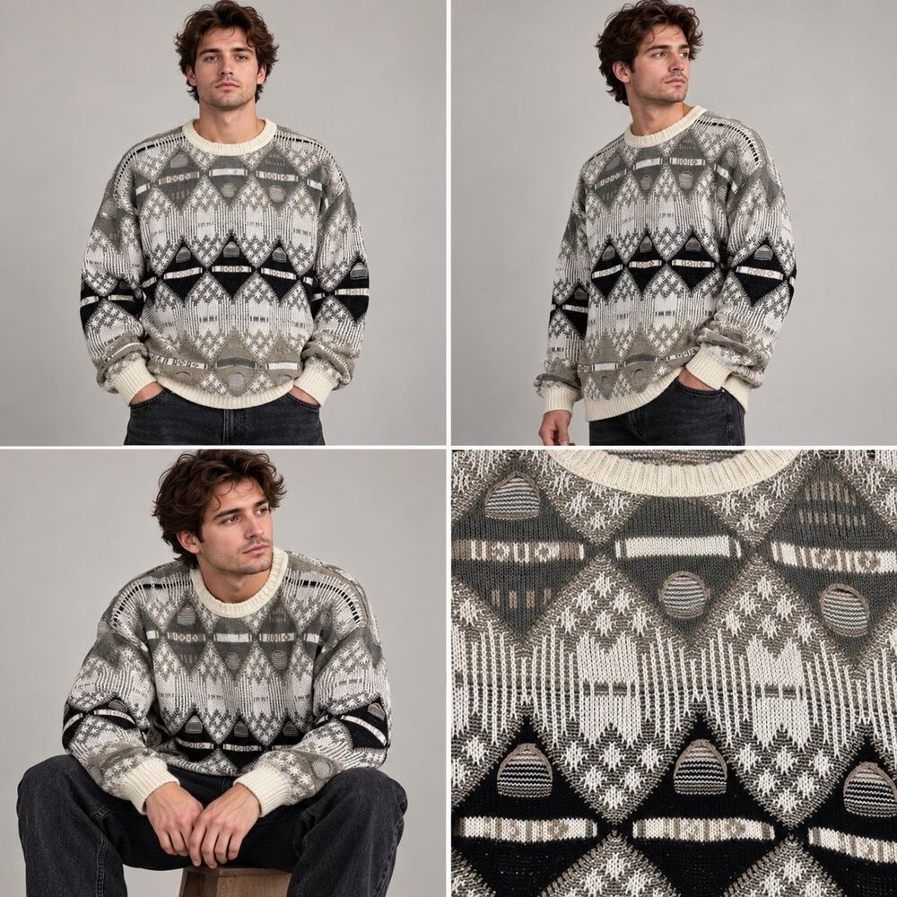 Protege Collection Sweater Mens L Gray Cream Black Patterned Knit Crewneck